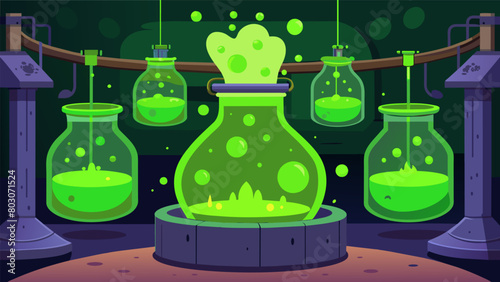 Giant vats filled with a bubbling green liquid emit an unearthly glow as it is poured into jars labeled Fear Potion..