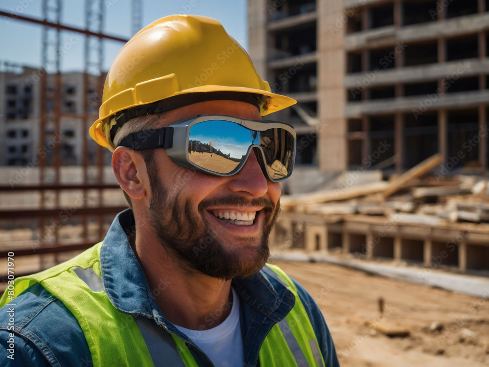 the image of a successful civil engineer, smiling under the sun, wearing protective goggles on a construction site.
