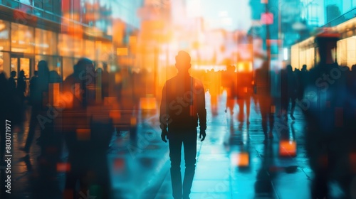 An entrepreneur's silhouette merged with a bustling market scene, symbolizing opportunity and the entrepreneur's deep connection to market dynamics