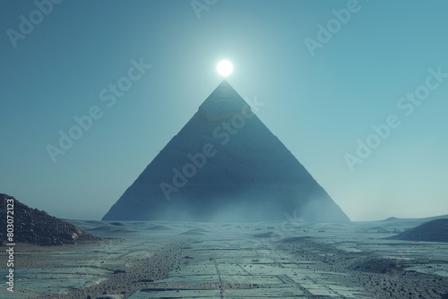 A surreal artwork of a flat plane with a single pyramid casting a long shadow under a low sun, photo