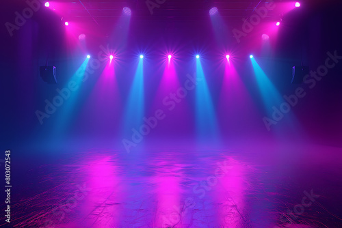 Dancing floor with colorful lights on dark background  empty stage for product presentation  concert or party. Abstract night club studio room.