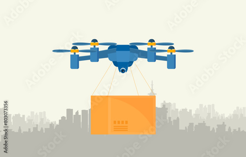 Remote air drone with a box in flat style vector
