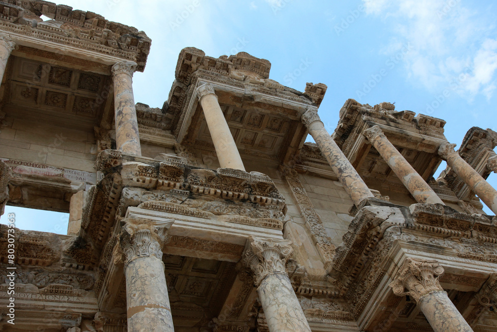 Detailed view of Celsus Library in the Ephesus Ancient City (Efes), Selcuk city, Turkey.
