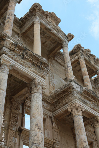 Detailed view of Celsus Library in the Ephesus Ancient City (Efes), Selcuk city, Turkey.