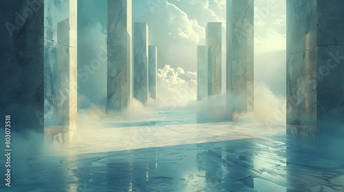 A futuristic cityscape with tall buildings and a foggy sky