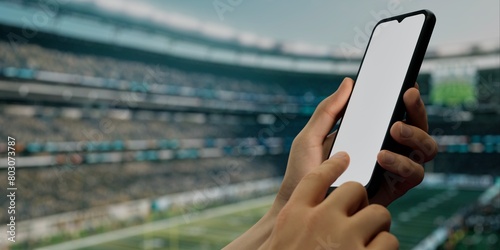 Hand with smartphone at football stadium, perfect for betting, live-stream apps