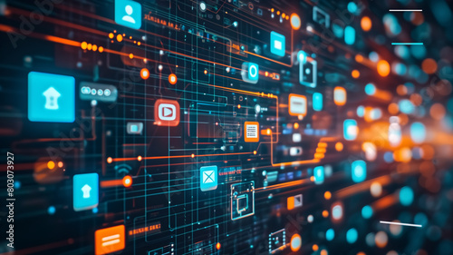 An abstract digital interface with glowing icons and data points, representing advanced digital technology.
