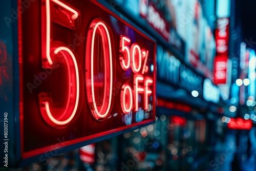 A signboard with "50% off" written on it, signaling a sale event and opportunities to save money.