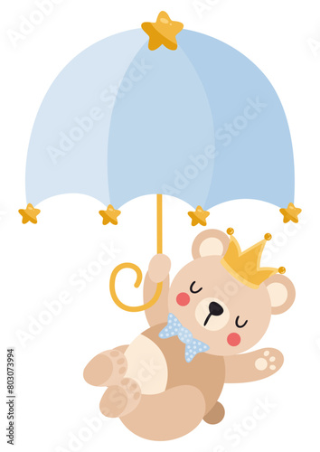 Cute baby teddy bear prince flying with a blue umbrella.