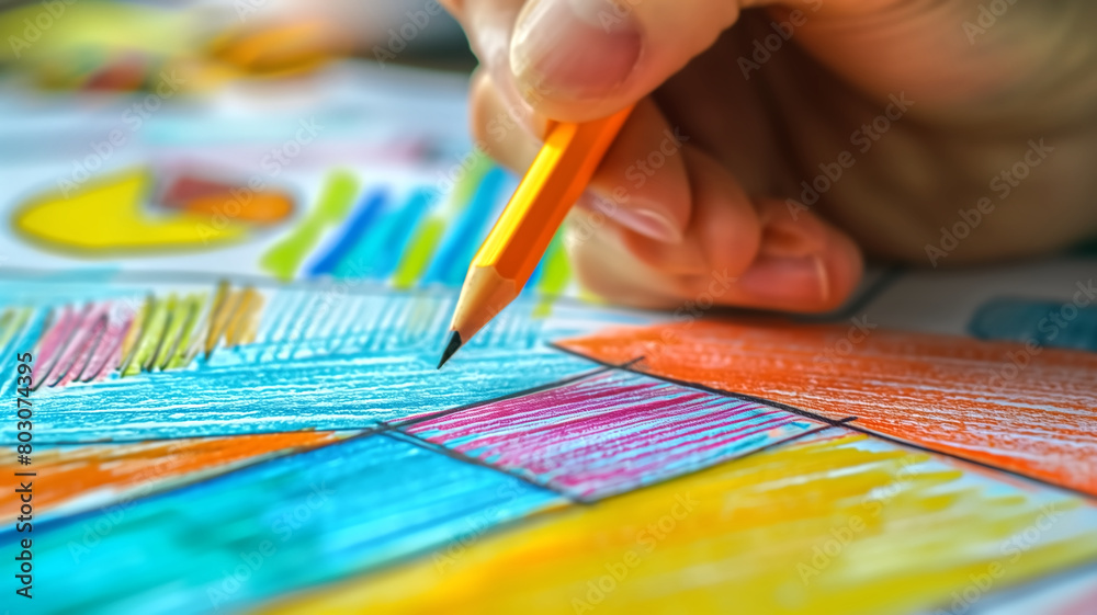 Close-up of a child's hand using a pencil to draw colorful geometric patterns on a sheet of paper.
Close-up of a child's hand using a pencil to draw colorful geometric patterns on a sheet of paper.