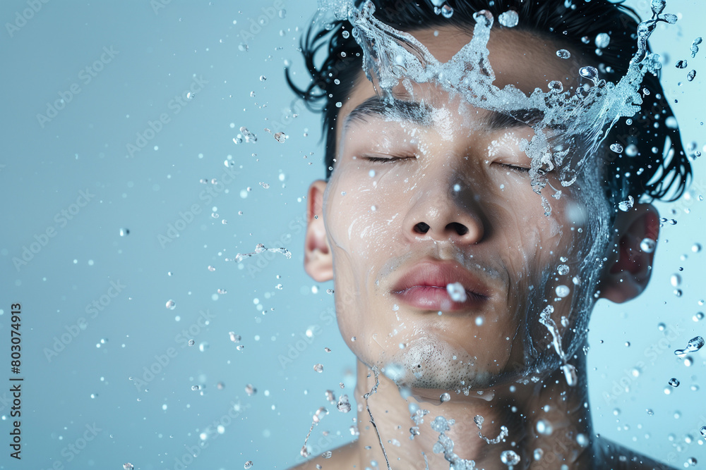 水を浴びるアジア人男性、美容イメージ