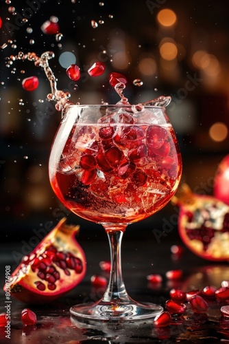 Splashing Pomegranate Cocktail in Elegant Glass with Bokeh Background