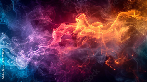 Kaleidoscopic swirls of multicolored smoke against a black backdrop