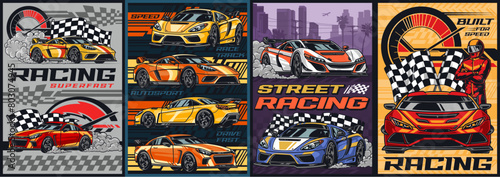 Racing automobiles set flyers colorful
