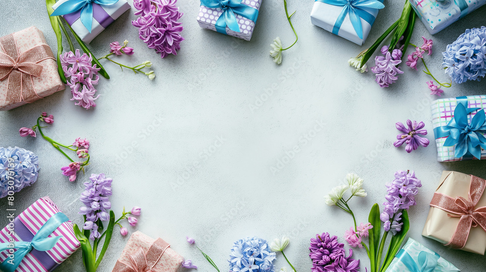 Happy birthday setup concept. Top view composition featuring table with vibrant disposable tableware, utensils, wrapped gifts, birthday hats, and more on light blue background with space for text