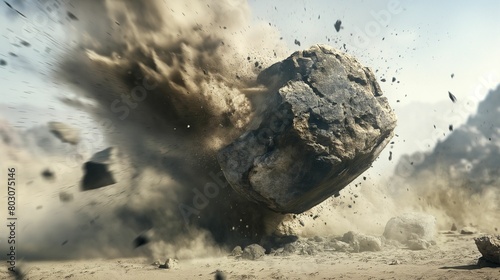 Massive boulder explosion in a dusty landscape. photo