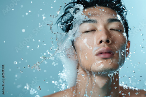 水を浴びるアジア人男性、美容イメージ photo