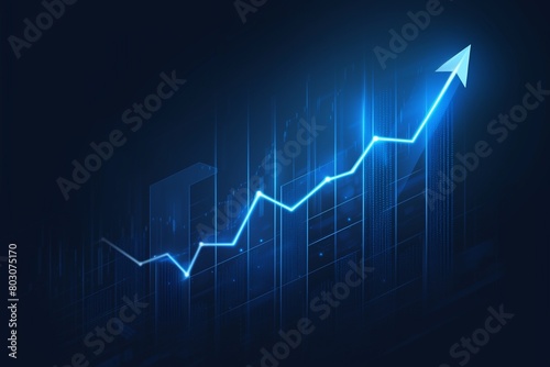 Blue growth graph business chart data diagram on success financial presentation background with abstract up arrow bar symbol