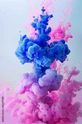 Paint Ink drop in water, Motion color explosion smoke, Blue pink color fluid splash vapor 