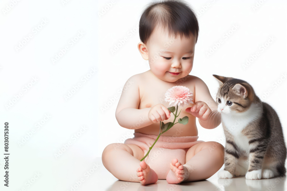 Baby playing with a cat isolated on a white background Baby playing with a cat isolated on a white background