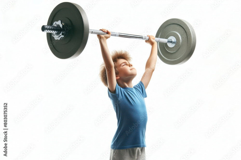 Obraz premium Boy lifts heavy barbell over his head isolated on a white background