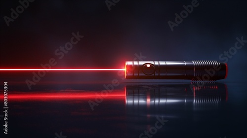 Red laser light beam through a glass lens on a dark background.