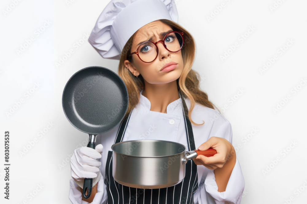 Curious cook woman with glasses holding a pan with a quizzical expression Curious cook woman with glasses holding a pan with a quizzical expression