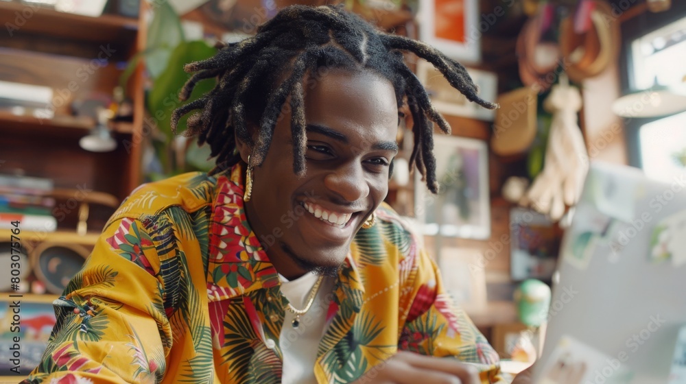 Smiling man with dreadlocks working on a laptop in a cozy office setting Smiling man with dreadlocks working on a laptop in a cozy office setting
