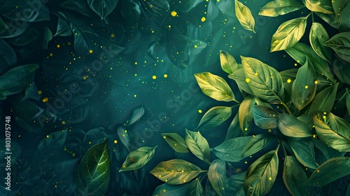 Enchanting green leaves with magical golden sparkles  a dreamy forest scene for mystical backdrops and creative designs