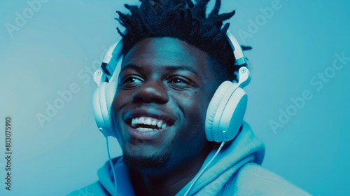 Wallpaper Mural A laughing young man wearing white headphones and a hooded sweatshirt listens to music Torontodigital.ca