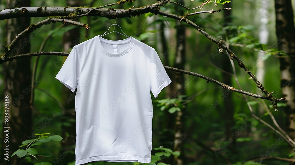A blank white t-shirt hangs on a tree branch in the forest A blank white t-shirt hangs on a tree branch in the forest
