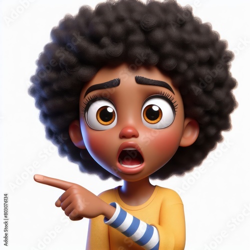 Surprised shocked scared 3D cartoon afro kid character showing pointing finger on white background