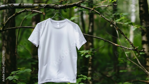 A blank white t-shirt hangs on a tree branch in the forest