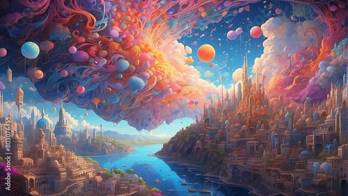 Dream city, colorful balls, colorful capital, floating island, sea, dream concept, good dreams