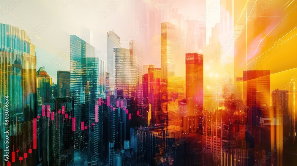 Vibrant double exposure cityscape merging with a dynamic stock market graph business theme
