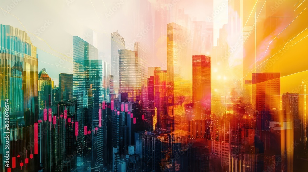 Vibrant double exposure cityscape merging with a dynamic stock market graph business theme Vibrant double exposure cityscape merging with a dynamic stock market graph business theme
