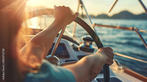 Vertical close up of female hands turning steering wheel on boat while sailing waters, lit by sunlight