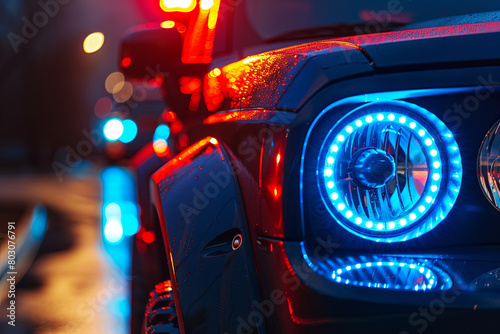 Car and Emergency truck with Blue and red lights 
