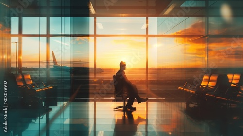 Cinematic double exposure of business travel essentials with airport lounges