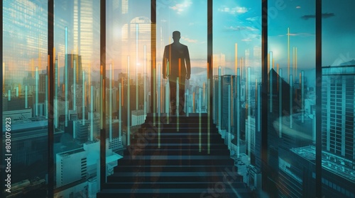 A double exposure showing a businessperson standing before a window overlooking the city merged with ascending bar graphs