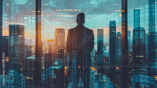 A double exposure showing a businessperson standing before a window overlooking the city merged with ascending bar graphs photo