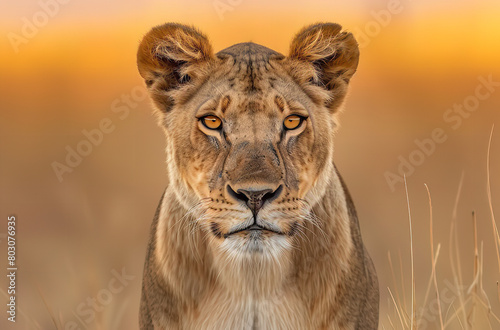 A beautiful lion standing in the golden grassland