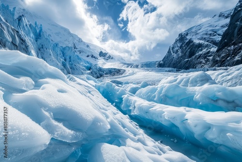 Expansive Glacier Landscape under Blue Skies, Ice Formations, Rugged Mountains, Natural Beauty, Arctic Exploration