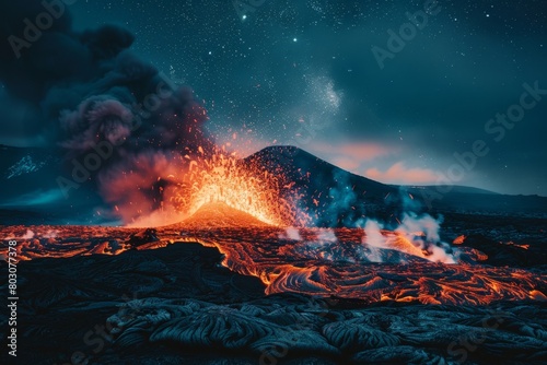 Dramatic Volcanic Eruption at Night Under Starry Sky, Lava Flow, Powerful Nature, Erupting Volcano, Galactic Background