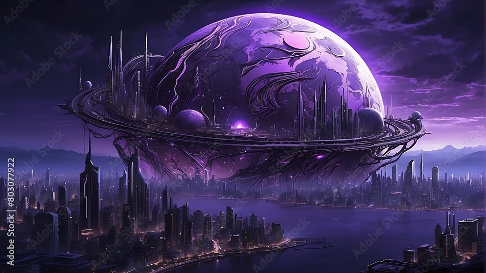 Night sky on futuristic city concept, Violet Earth and Moon