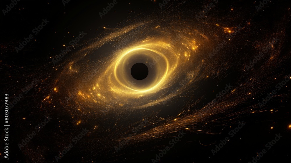 A black hole with yellow hues around it in space isolated on black background