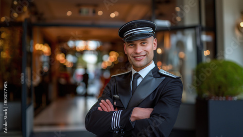 portrait of bellboy or bellhop at the entrance of 5 star luxury hotel, valet parking, hospitality service, 5 stars