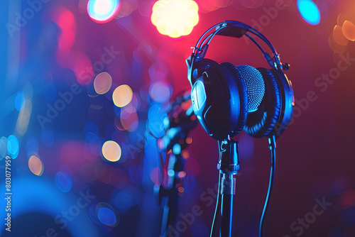Microphone and headphones.Live music and blurred stage lights. Music background
