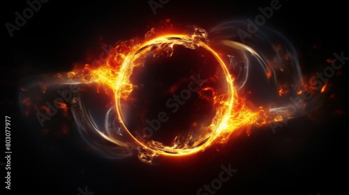 A black hole with yellow and red flames around it in space isolated on black background