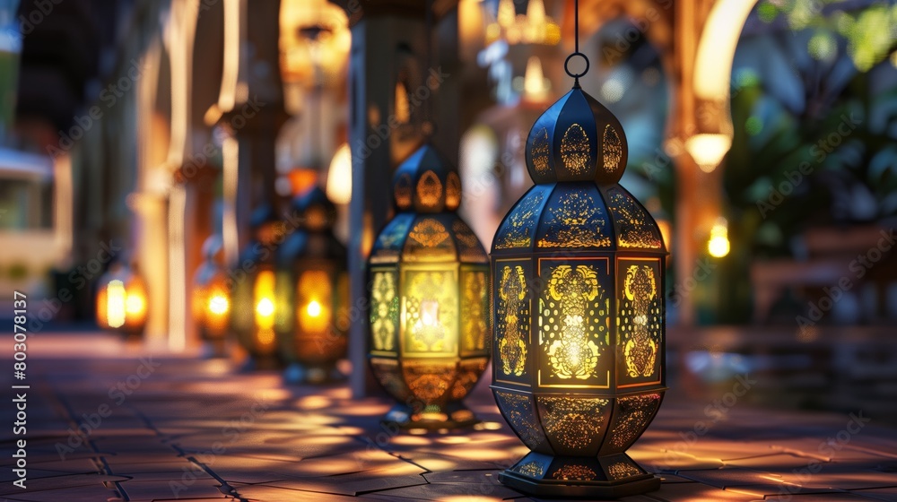 Enchanting scene of ornate lanterns glowing warmly on a twilight-lit street, symbolizing Ramadan. Enchanting scene of ornate lanterns glowing warmly on a twilight-lit street, symbolizing Ramadan.